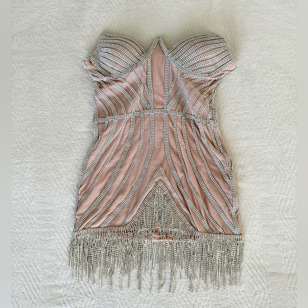 Strapless Rhinestone Tassel Dress in Nude